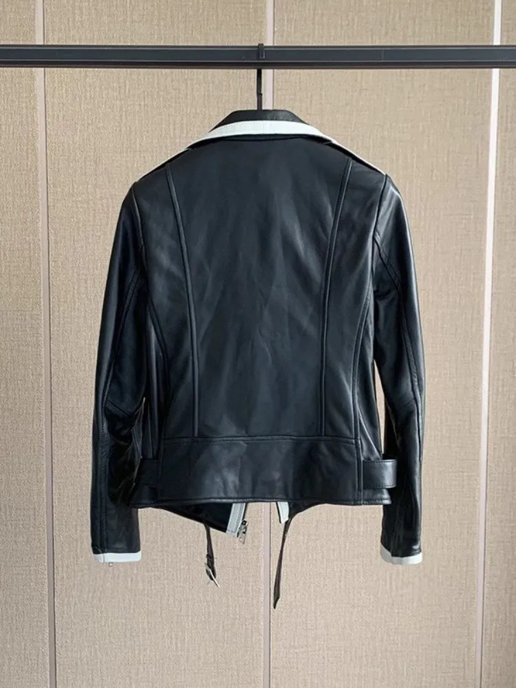 Giacca da motociclista corta da donna in vera pelle Streetwear Cappotto sottile in pelle di pecora Elegante capispalla da donna a maniche lunghe con cerniera da ufficio M-3XL