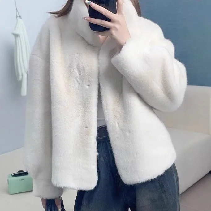 Women Faux Velvet Coat Short Jacket Solid Stand Collar Long Sleeve Single Breasted Loose Fit Thick Casual Streetwear 2025 Winter