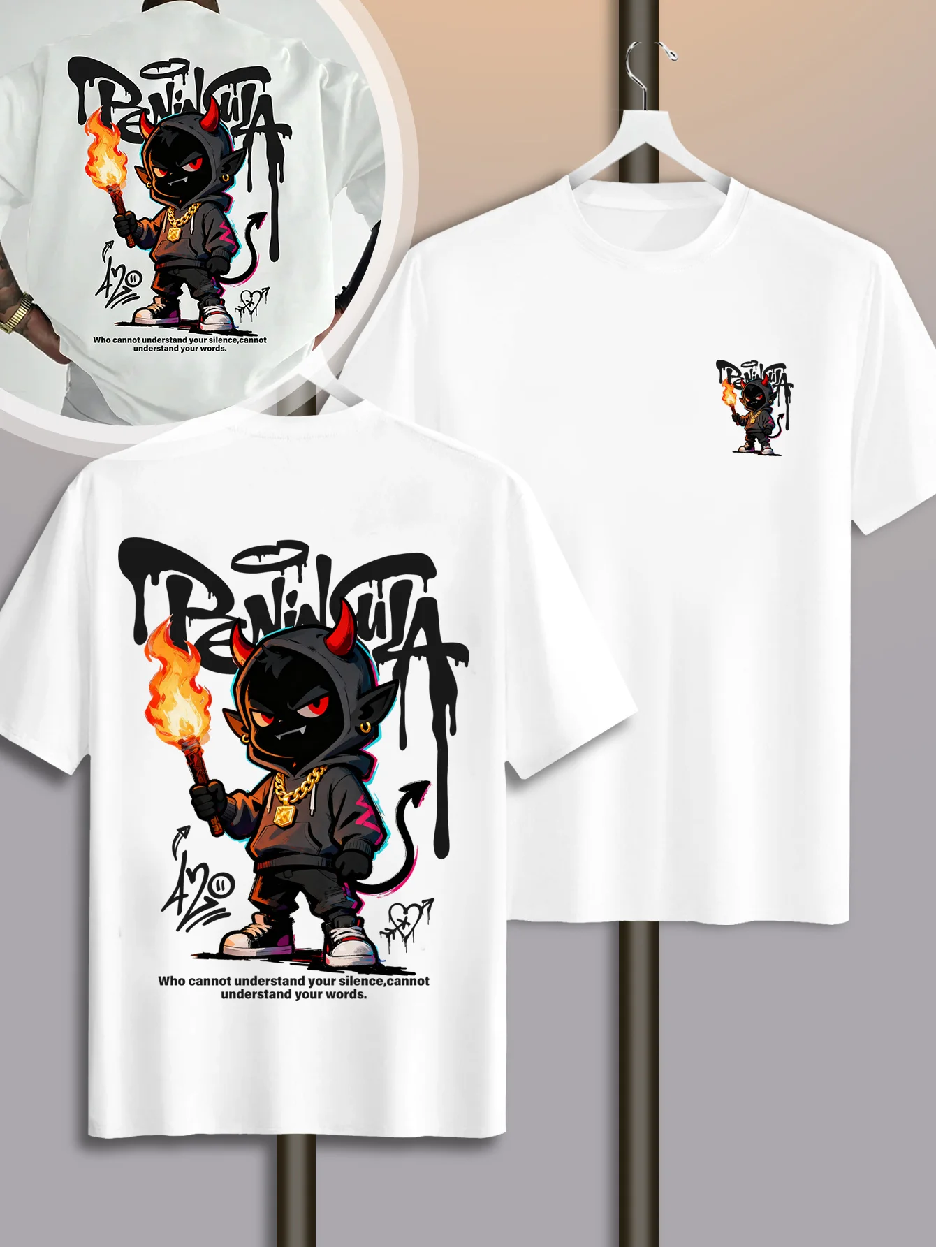 Streetwear-Style Cartoon-Teufel-Graffiti-Print auf Premium 100% Baumwolle Herren T-Shirt Perfekt für Sommerlichen Urbanen Stil – Detail 6