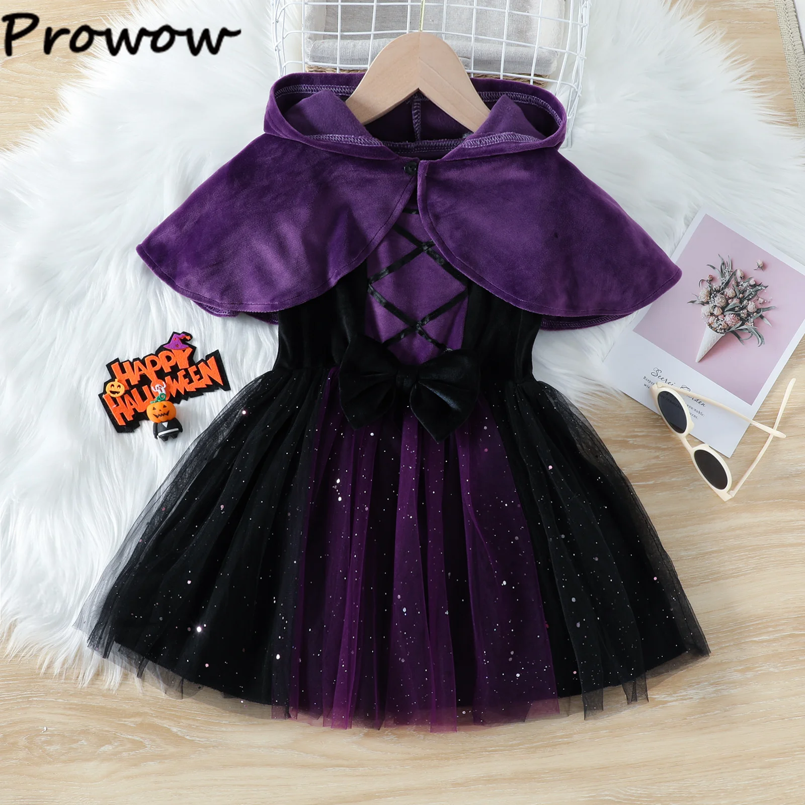 Girl\'s Halloween Dresses 2024 Hooded Cloak and Purple Velvet Mesh Dress For Kids Toddler Halloween Costume Festival Clothing