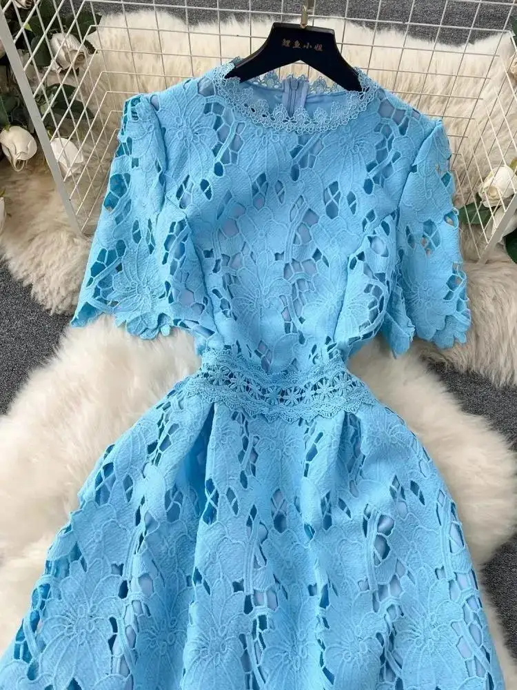 Women's O Neck Short Sleeve Solid Color Casual Office Dress Elegant Water Soluble Lace Flower Embroidery Hollow Out Midi Vestido