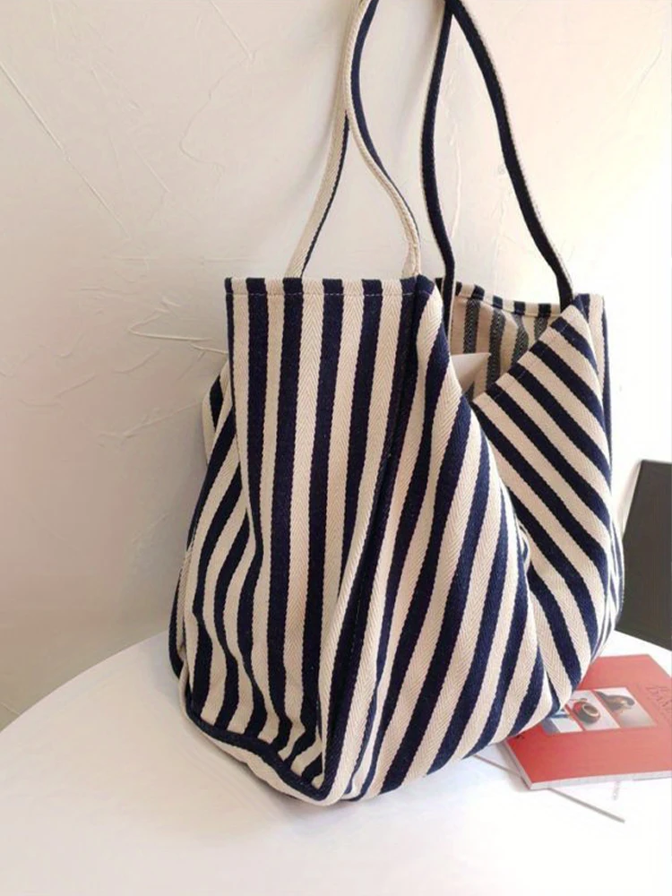 Bolsa literária retrô feminina, bolsa de lona listrada fresca e simples, bolsa de ombro casual versátil, grande capacidade, 1pc