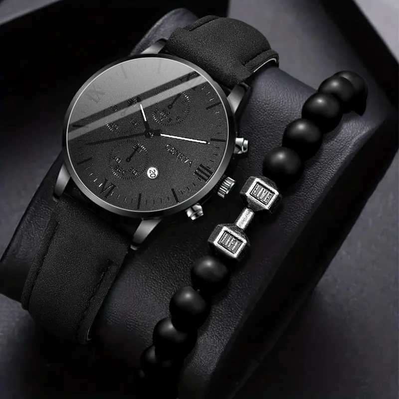 2pcs personalized men's watch steel strap quartz watch strap necklace bracelet set suitable for daily wear and holiday gifts