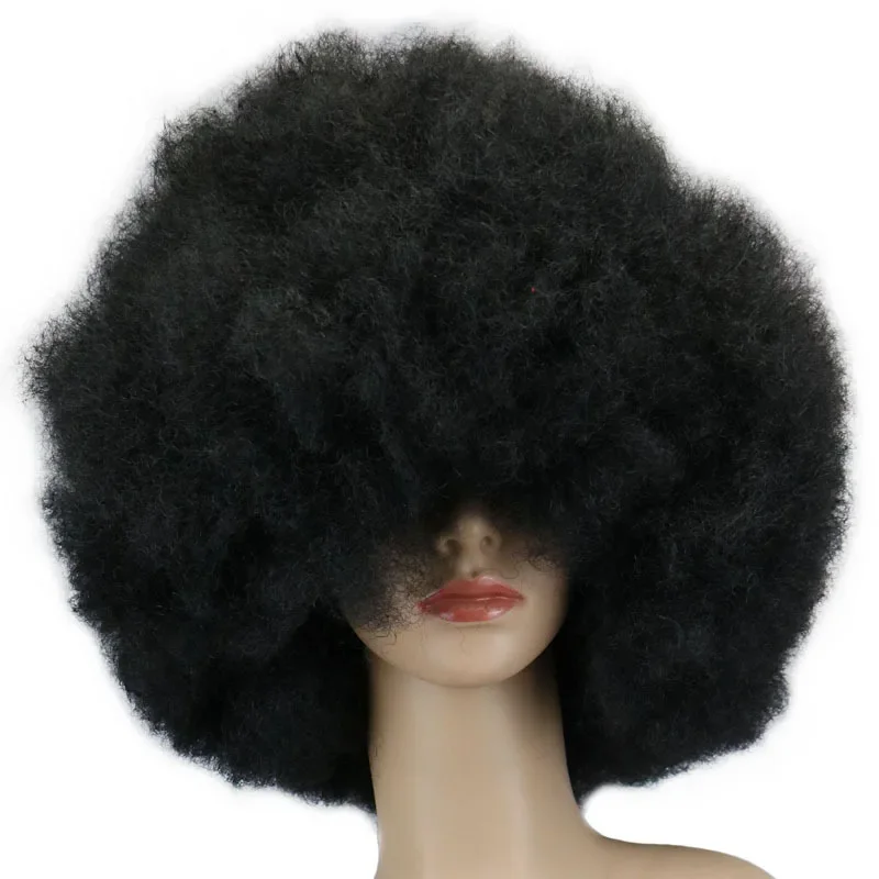 Sintetis Afro keriting Wig dengan poni pendek Wig rambut halus untuk wanita hitam Cosplay Natural