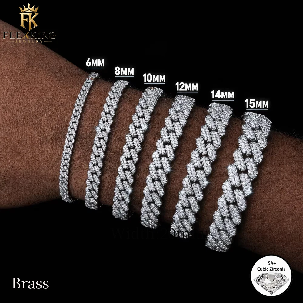 FLEXKING Luxury Iced Out Cuban Link Bracelet Men Women Gold Silver Color Brass Zirconia Hip Hop Jewelry 6mm-20mm Wristband Gift