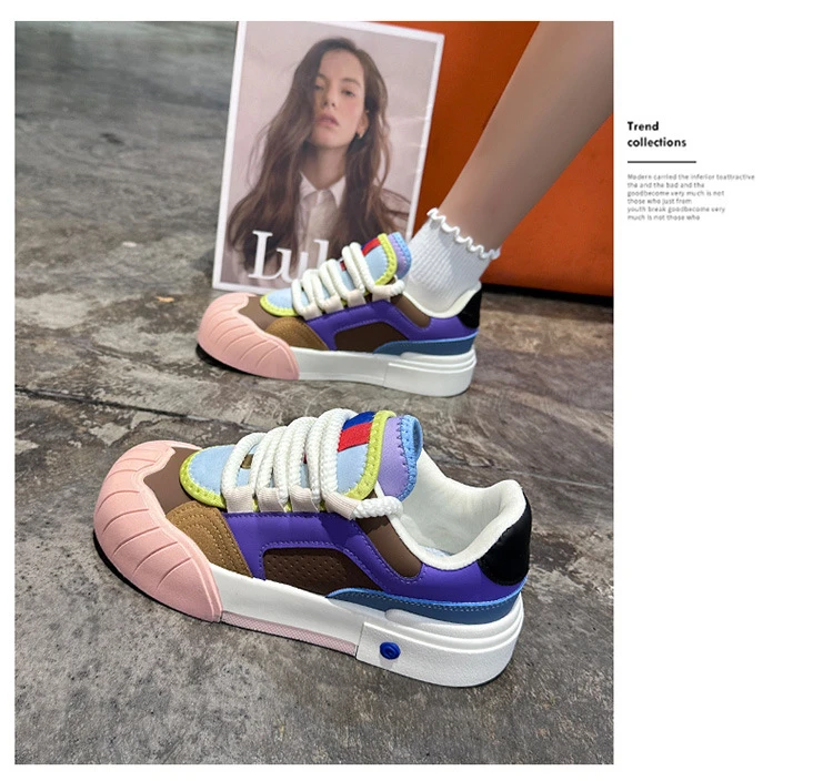 Macaron-Farbblock-Skateschuhe aus Kunstleder für Damen, Wave-Shell-Zehenkappe, Schnürschuhe, Low-Top-Sneaker mit pastellfarbenem Kontrastbesatz – Detail 11