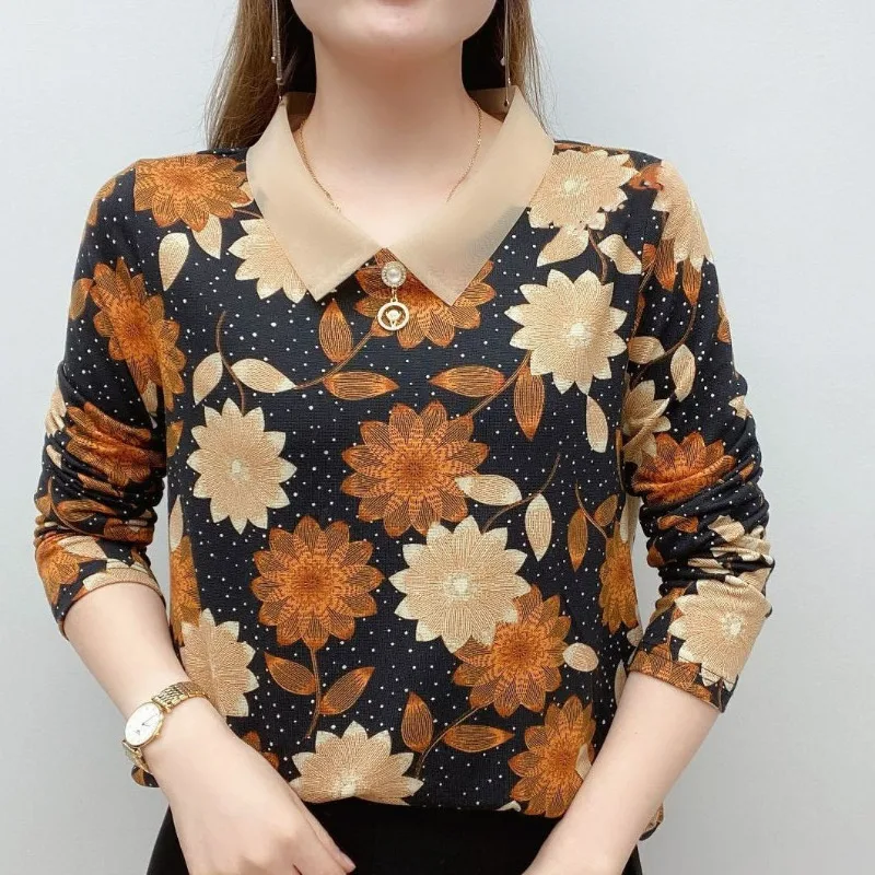 Women's Pullover Doll Neck Gauze Printing Autumn and Winter Slim Long Sleeve Three-dimensional Decorati Fashion T-shirt Tops