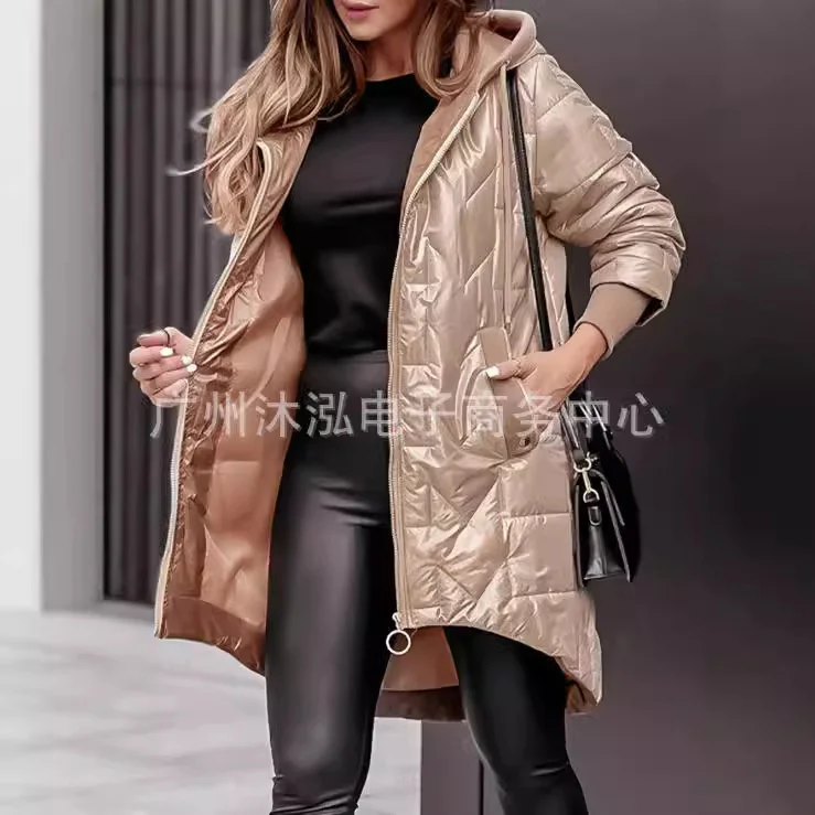 

Женская куртка осень-зима новая мода с капюшоном свободная с длинным рукавом сплошной цвет на молнии повседневное пальто верхняя одежда