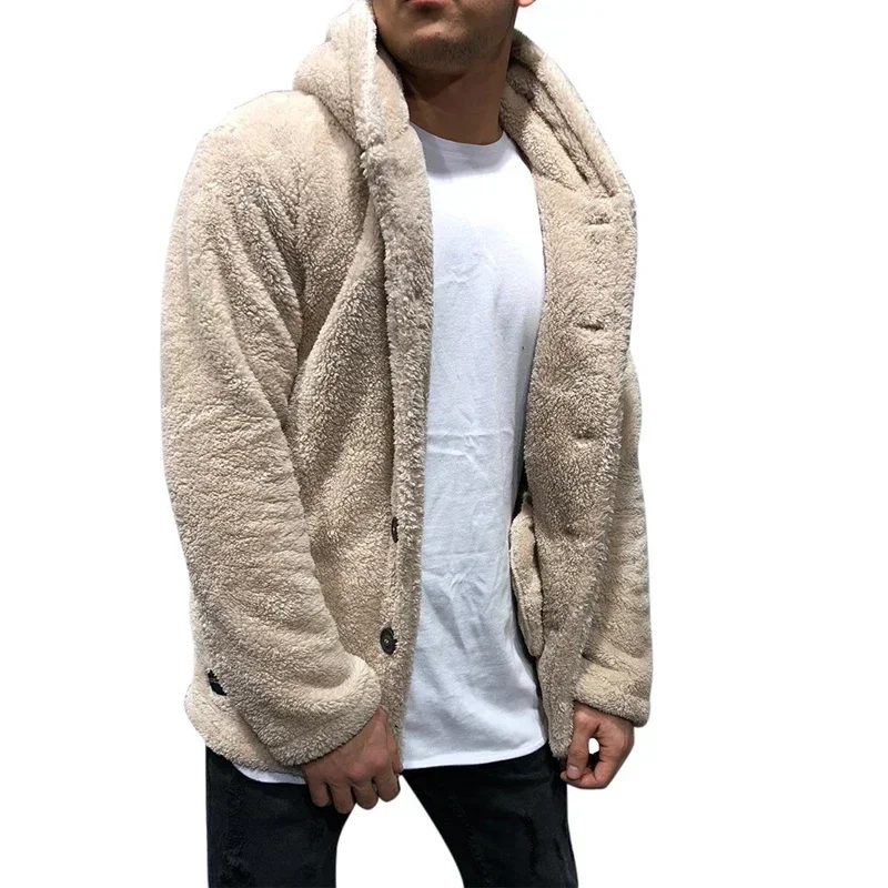 Men\'s Teddy Bear Fleece Coat Cardigan Winter Warm Hooded Coat Fashion Solid Color Long Sleeve Pocket Button Hooded Warm Coat