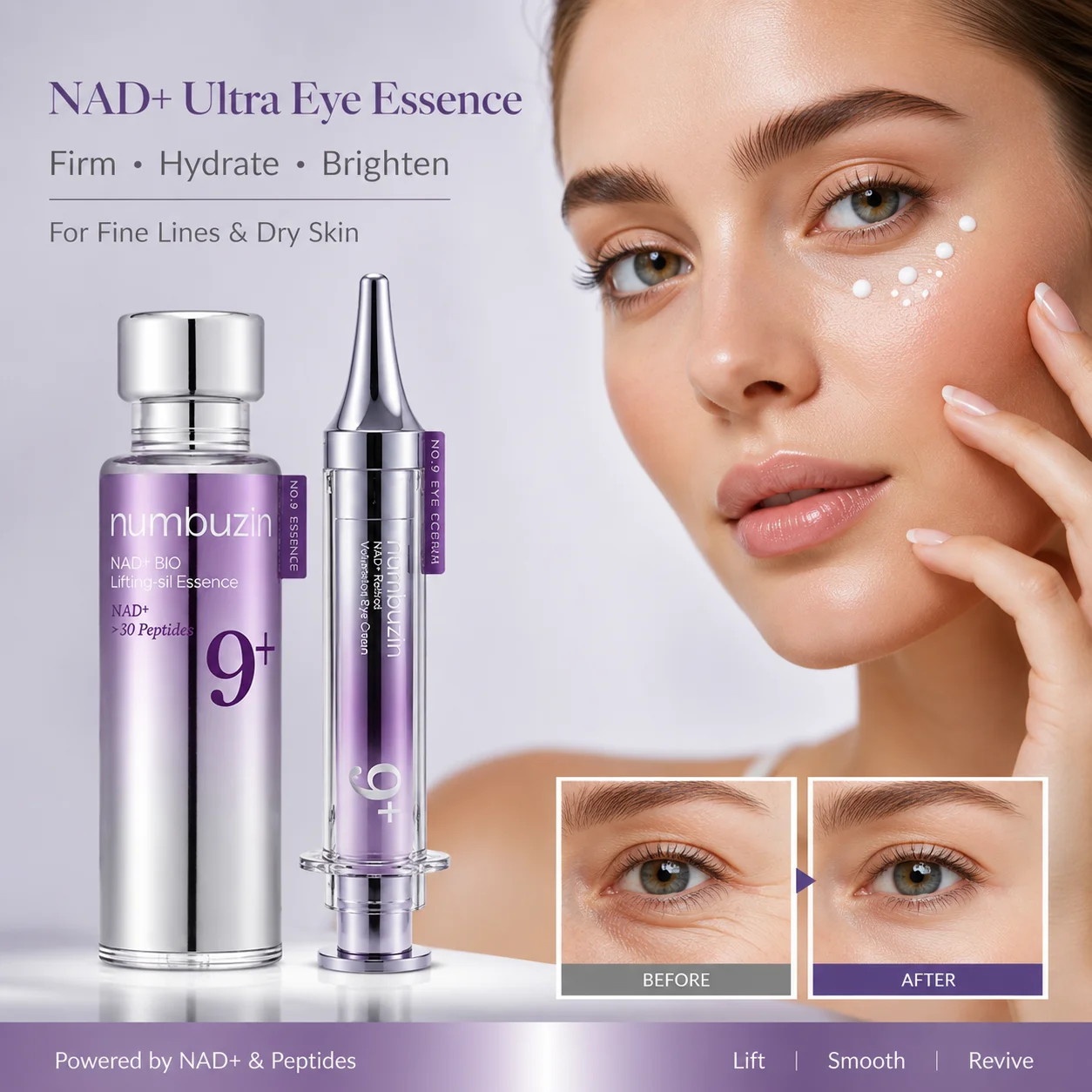 Hydrating Eye Serum With NAD+ For Daily Eye Area Care Featuring A Liquid Essence Format And A Silver Bottle With A Purple Label