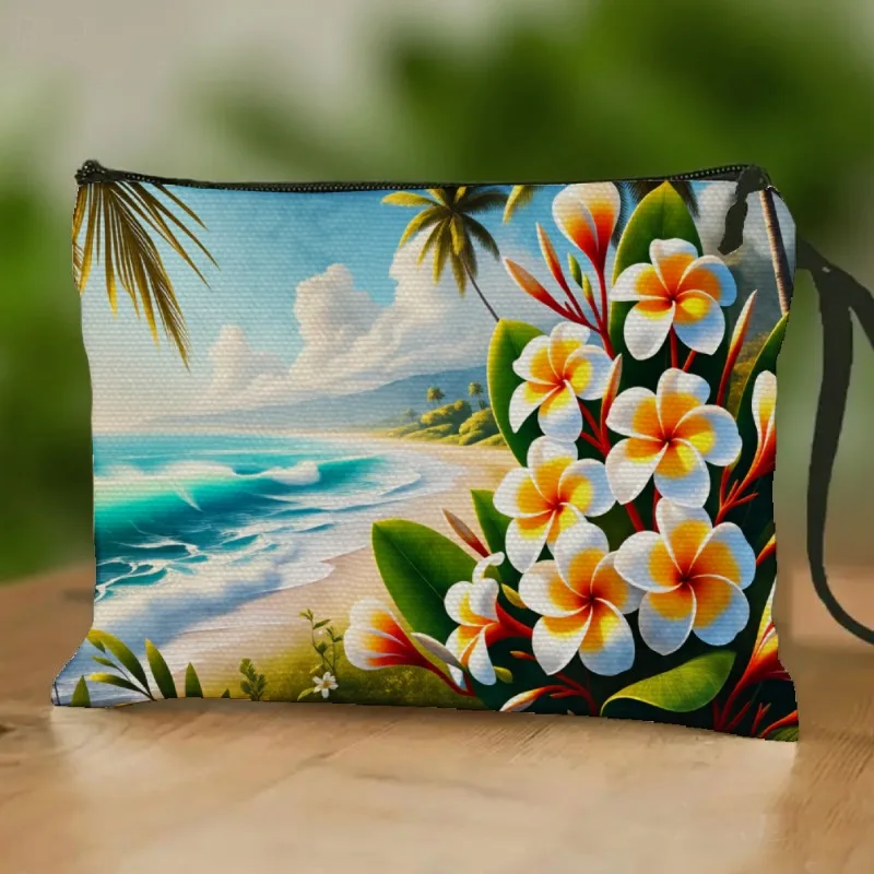 Hawaiian Plumeria Tropical Beach Stylish Makeup Bag, Featuring a Wrist Strap for Convenient Toiletry Storage, Adorned with Multi