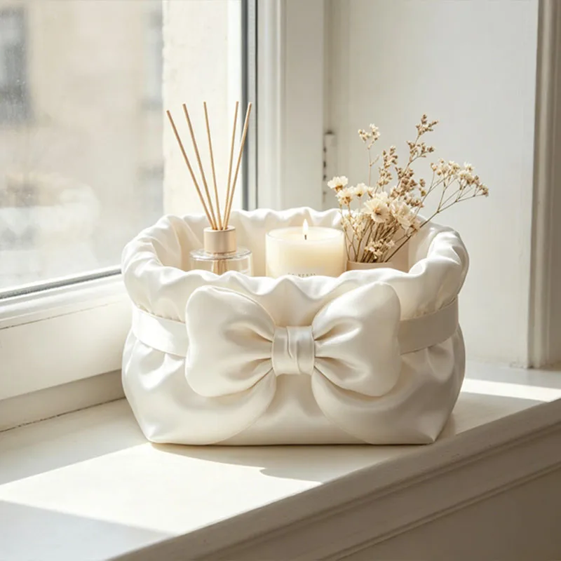 Satin Bow Storage Basket Gentle Pleated Design Home Bathroom Dresser Beauty Egg Skin Care Product Storage Box
