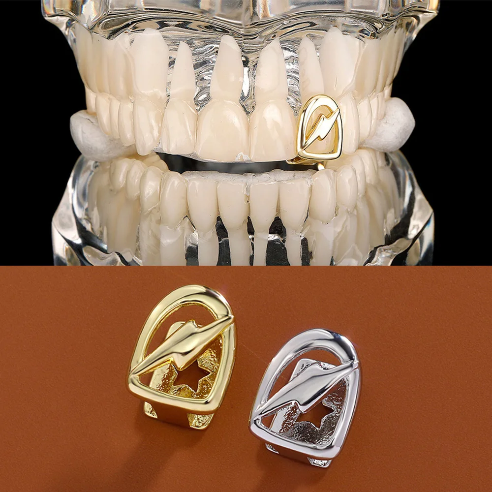 YOUNGX Gold Silver Color Lightning Hollow Tooth Caps Hip Hop Glossy Teeth Grillz For Women Men Jewelry Halloween Cosplay