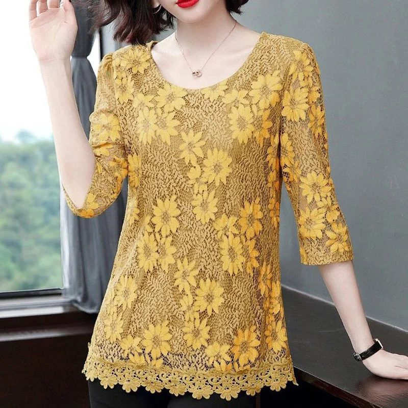 Elegant O-Neck All-match Ruffles Lace Blouse Women\'s Clothing 2023 Autumn New Oversized Casual Pullovers Loose Office Lady Shirt