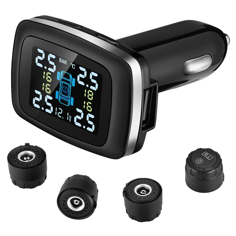 NEW-Car TPMS Lighter Digital Tpms Car Tire Pressure Alarm System USB Port Security Alarm Systems Tire Pressure