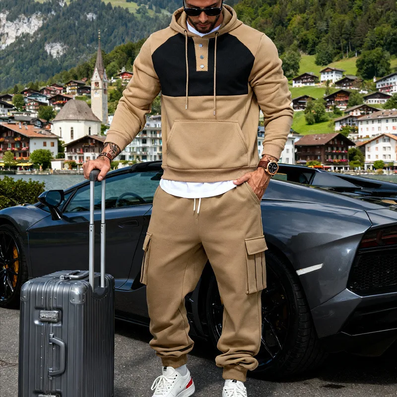 Men's Color Block Hoodie Set Casual Half Button Hooded Sweatshirt Cargo Jogger Pants 2 Piece Tracksuit gallery 3