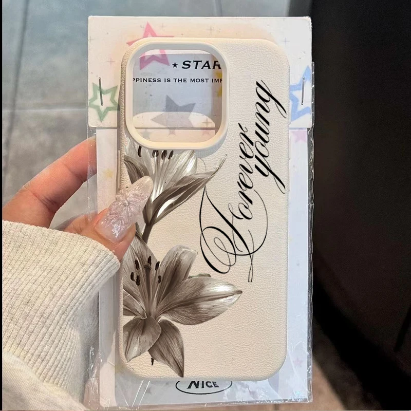 Dark White Lily & English Letter Pattern Design Phone Case For iPhone 18 17 16 15 14 13 12 11 Pro Max Plus Air XS X XR 17E Cover