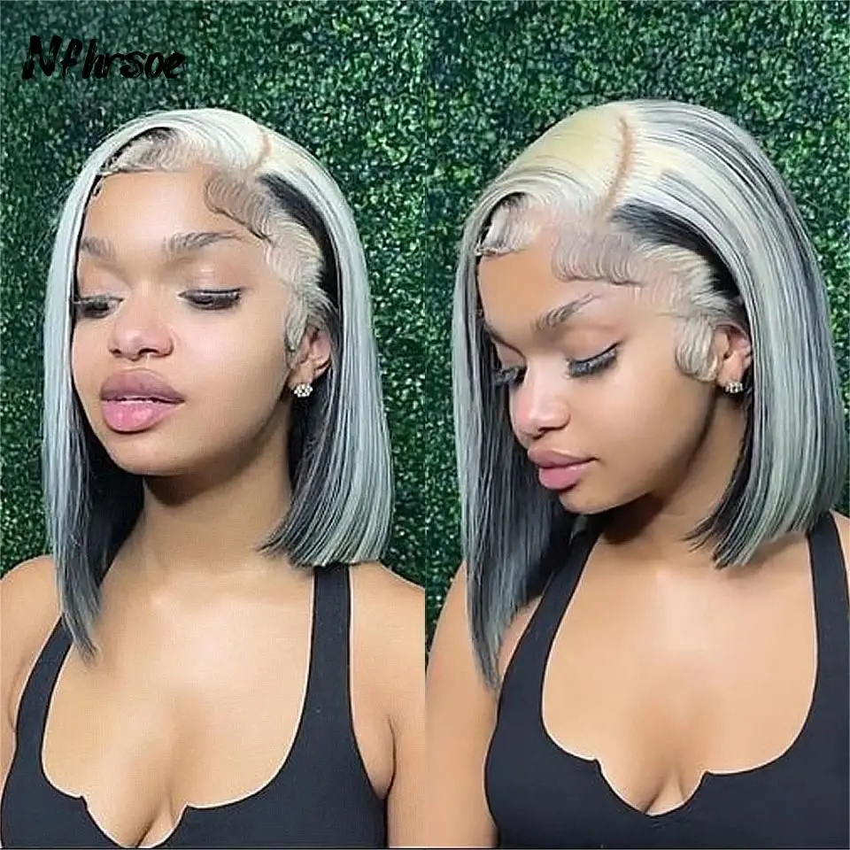 

Безклеевой парик 13x4 с омбре-оттенками (черный и белый), прямой парик-боб из бразильских волос Remy, парик с кружевной передней частью