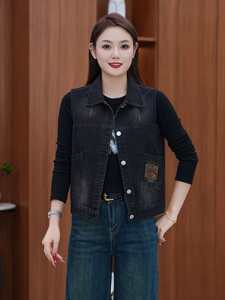 

Модный простой свободный джинсовый жилет 2024 года, новинка ранней осени, универсальный мягкий джинсовый жакет с воротником на одной пуговице