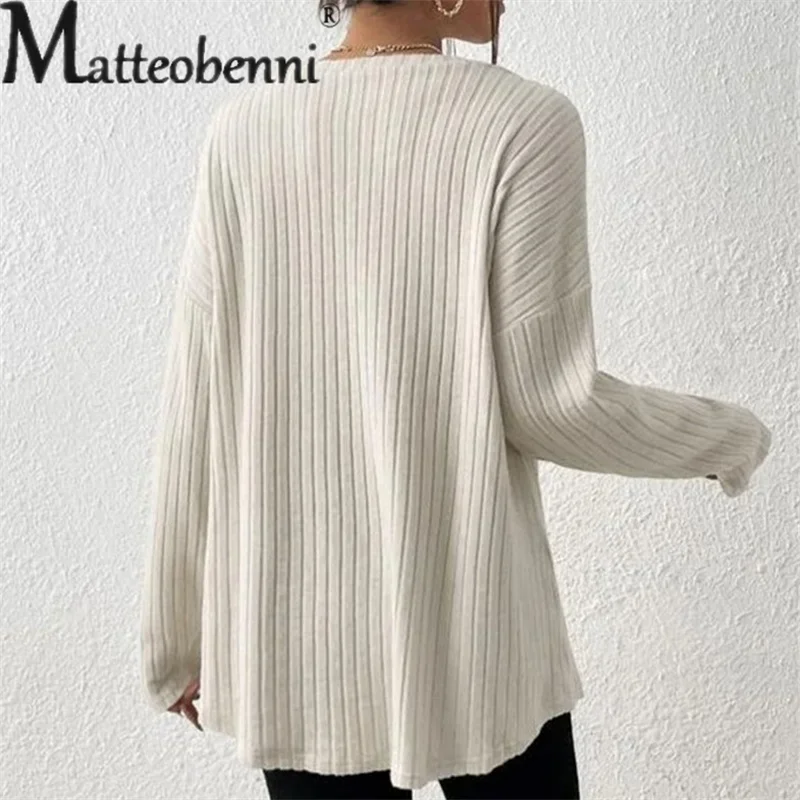 Elegant Pit-stripe Round Neck Pullover Jumpers Women Solid Color Loose Sweater Female Autumn Winter Commuter Casual Knitwear New