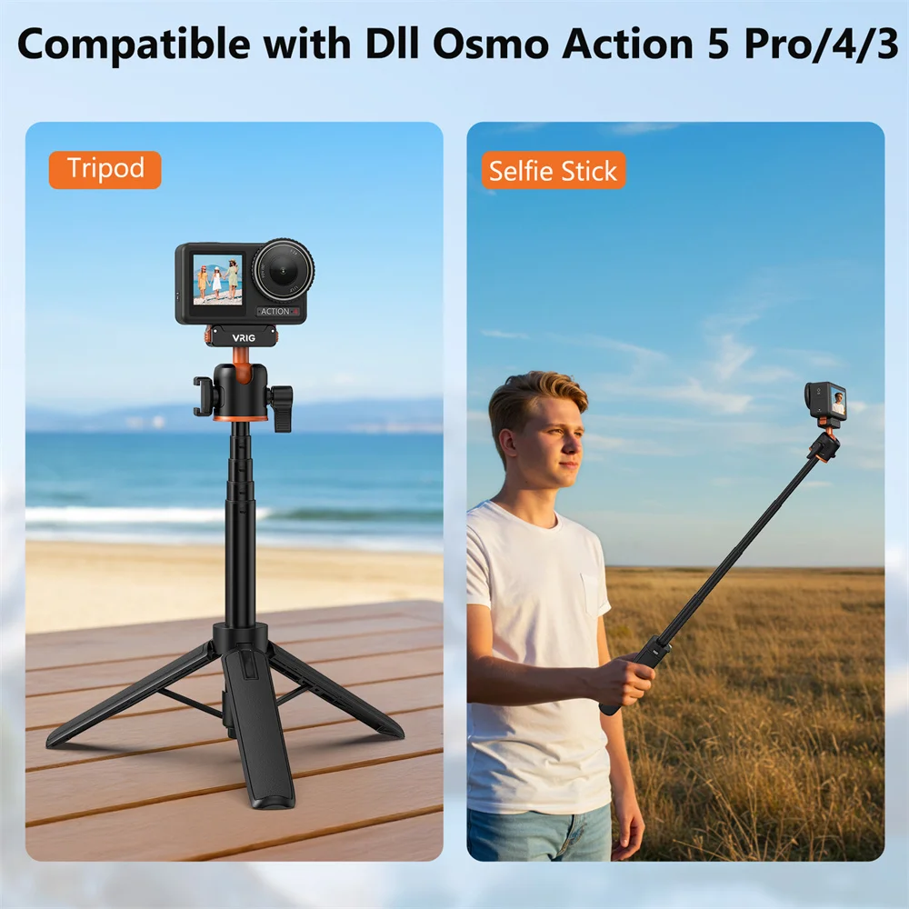 Statyw magnetyczny VRIG do DJI Osmo Action 6 5 4 3, regulowany statyw do selfie, akcesoria do kamer akcji z głowicą kulową 360° i mocowaniem ColdShoe — zdjęcie produktu 6