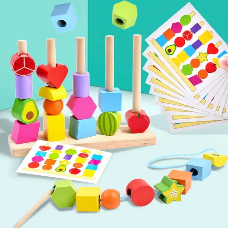 Montessori Holz spielzeug Stapel blockiert Puzzlespiel bunte Perlen Obst Farbe Form passend frühen Lernspiel zeug Geschenk für Kinder