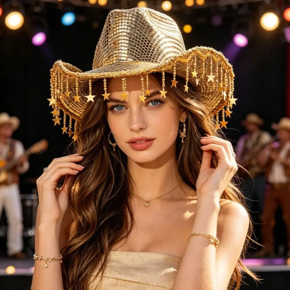 Tassel Decoration Rhinestone Cowboy Hat Sparkling Glitter Fabric Wide Curved Brim Western Cowboy Hat Structured Fit Lightweight