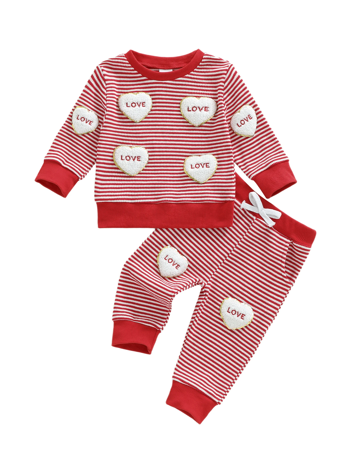 طقم ملابس للأطفال الصغار مكون من قطعتين على شكل قلب وأكمام طويلة ورقبة دائرية مخططة ومجموعة سراويل بخصر مطاطي