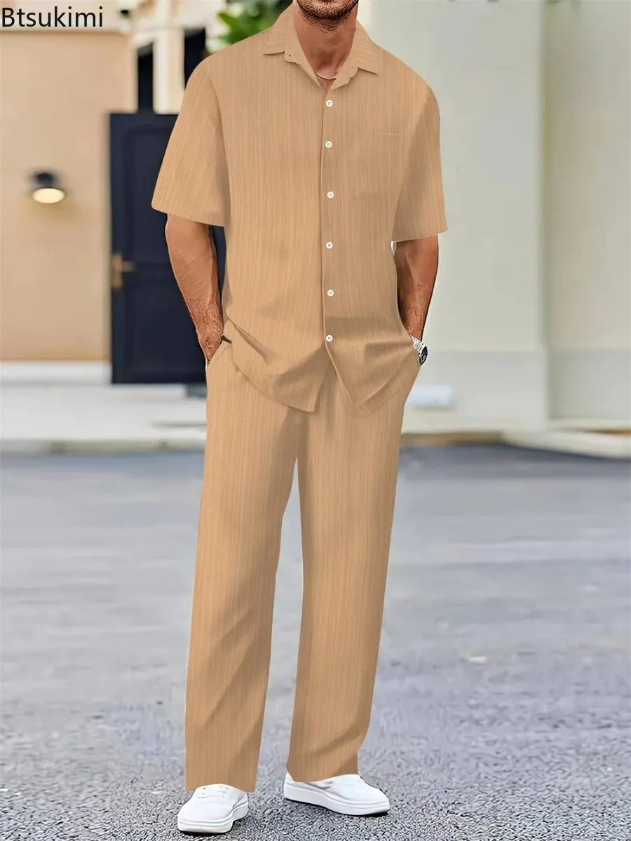 Spring Summer New Style Men's Sets Fashion Solid Short Sleeve Button Cardigan Tops and Pants 2 Piece Sets Man Casual Sports Suit