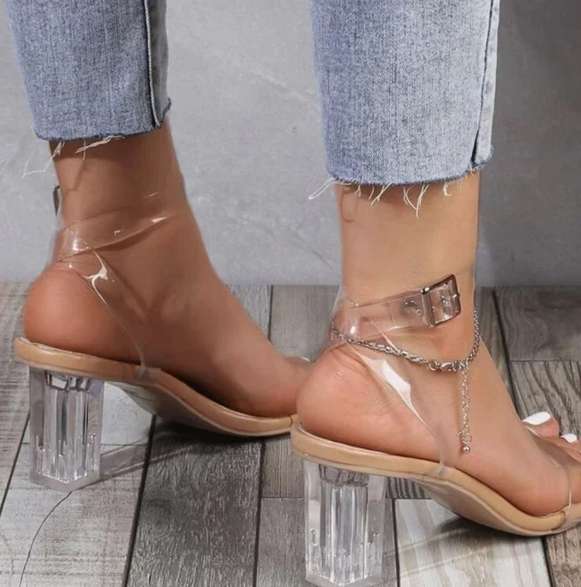 Sexy PVC Transparent Heels Sandals For Women Summer High Heeled Sandals 7cm Square Heel Ankle Cross Buckle Ladies Dress Shoes 42