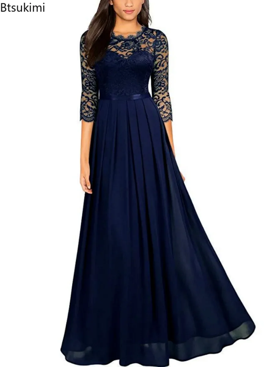 

2024 Women's Long Bridesmaid Dress Lace Design Celebrity Party Club Birthday Dress for Women Slim Fit 3/4 Sleeve A-line Dress