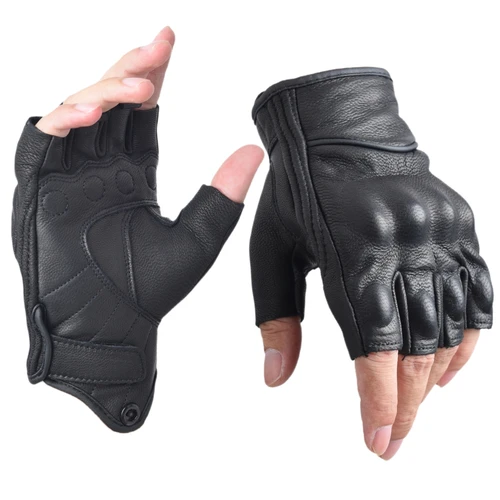 Guantes de motocicleta Guantes de cuero para montar en motor Medio dedo para hombres Guantes sin dedos Negro
