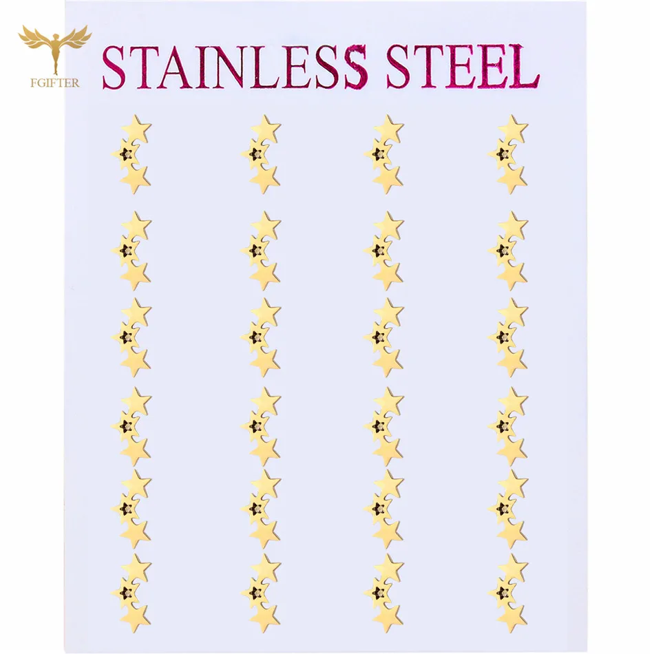 Wholesale Stainless Steel Earrings 12 Pairs Set Women Girls Fashion Jewelry 3 Stars Small Ear Studs Bright Party Holiday Gifts