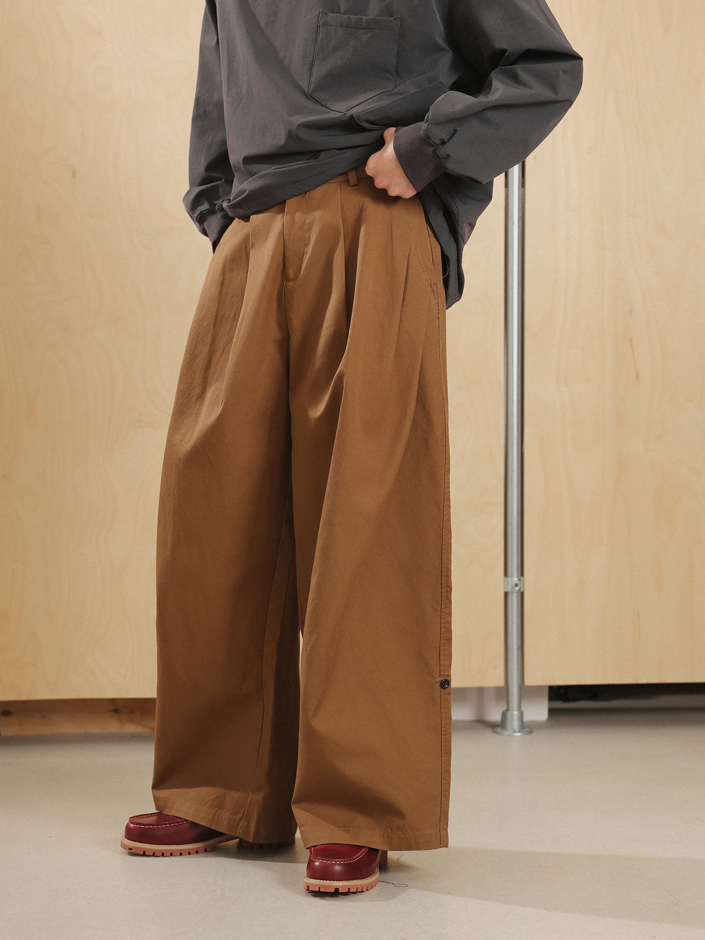 

NOEARS Loose Casual Khaki Wide Leg Pants Retro Sle Spring Commute Straight Cut Long Trousers Breathable Cotton Youth Faion