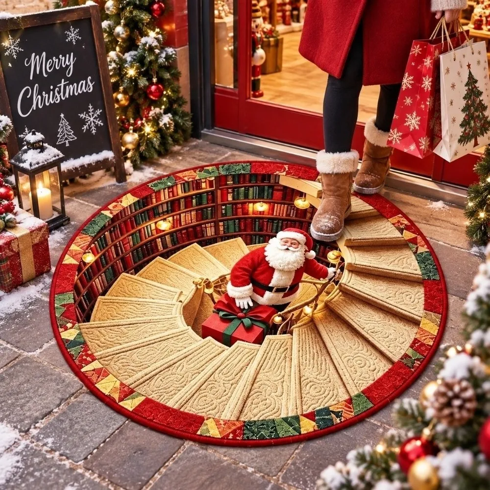 2D Flat Christmas Round Rug Polyester Santa Pattern 3D Illusion Carpet Bottomless Pit Washable Fabric Vortex Floor Mat