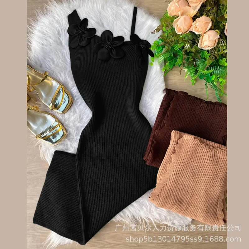 Slim-fit Woolen Dress High Waist Solid Color Sexy Sweaters Dress Women Sleeveless Flower Camis Tops Bodycon Knitted Dresses