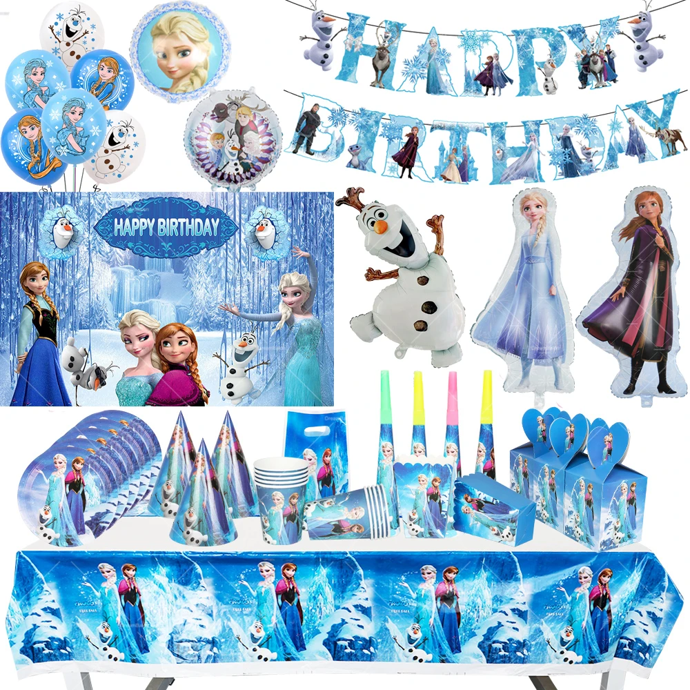 Disney Frozen Balloon Anna Elsa Princess Birthday Banner Snow Queen Party Decor Girl Disposable Tableware Cake Topper Background