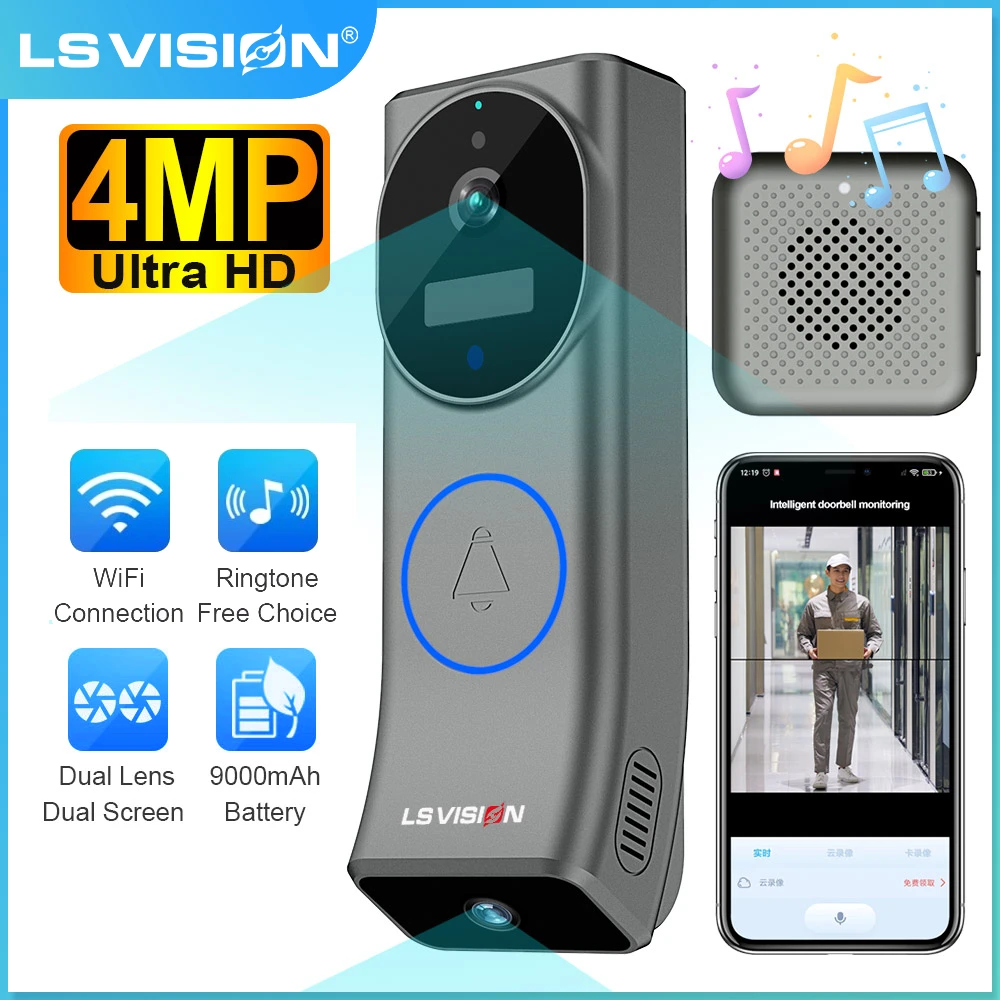 

LS VISION 2K Dual Screen WiFi Video Doorbell Outdoor PIR Motion Detection Intercom Battery Wireless Doorbell Camera with Chime