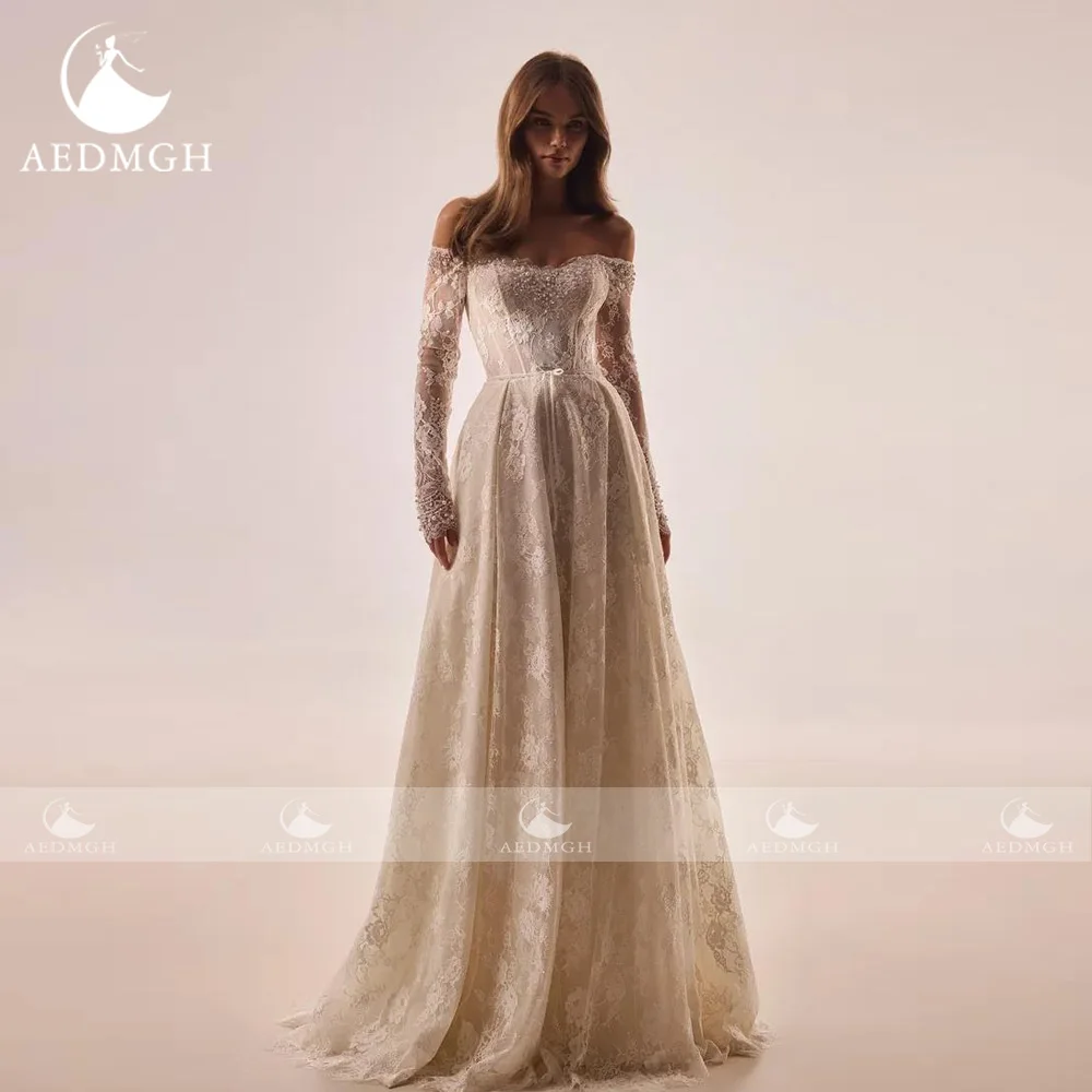 Gaun Pengantin Elegan A-Line Aedmgh Gaun Pengantin Buatan Khusus Seksi Bordir Renda Gaun Pengantin Bahu Terbuka Sayang