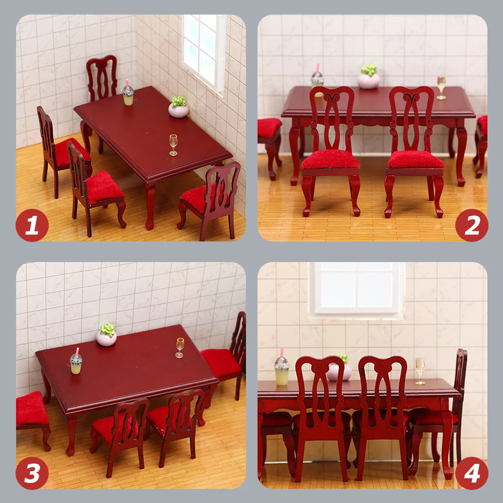 Accesorios Juego de sillas de comedor vintage Mesa para niños y mini comida Juguete en miniatura de madera