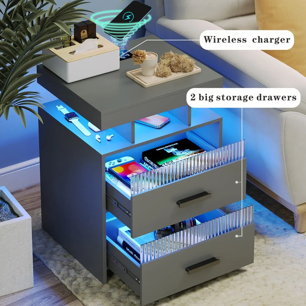 Mesita de noche con estación de carga y cajones, mesita de noche con luz LED y diseño de Sensor humano, mesa final moderna, novedad de 2024