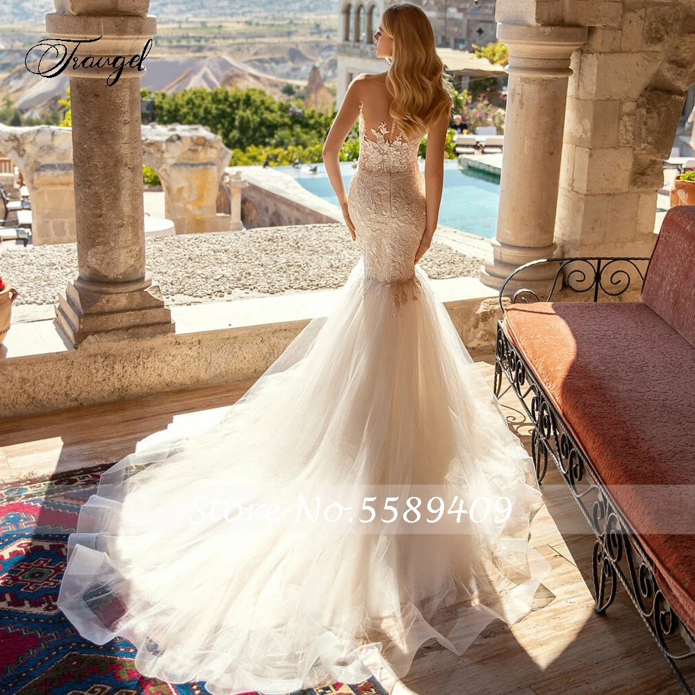 Traugel Sexy Illusion Scoop Neck Lace Mermaid Wedding Dresses Exquisite Applique Beaded Button Court Train Trumpet Bridal Gown