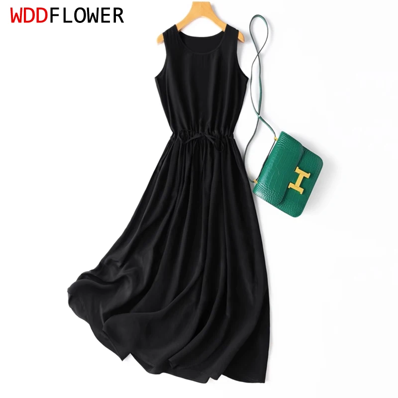 

Women Silk Tank Dress 100% Mulberry Silk Classical Solid Black Belted Waist Sleeveless Vest Dress Big Hemline Midi Dress M1013