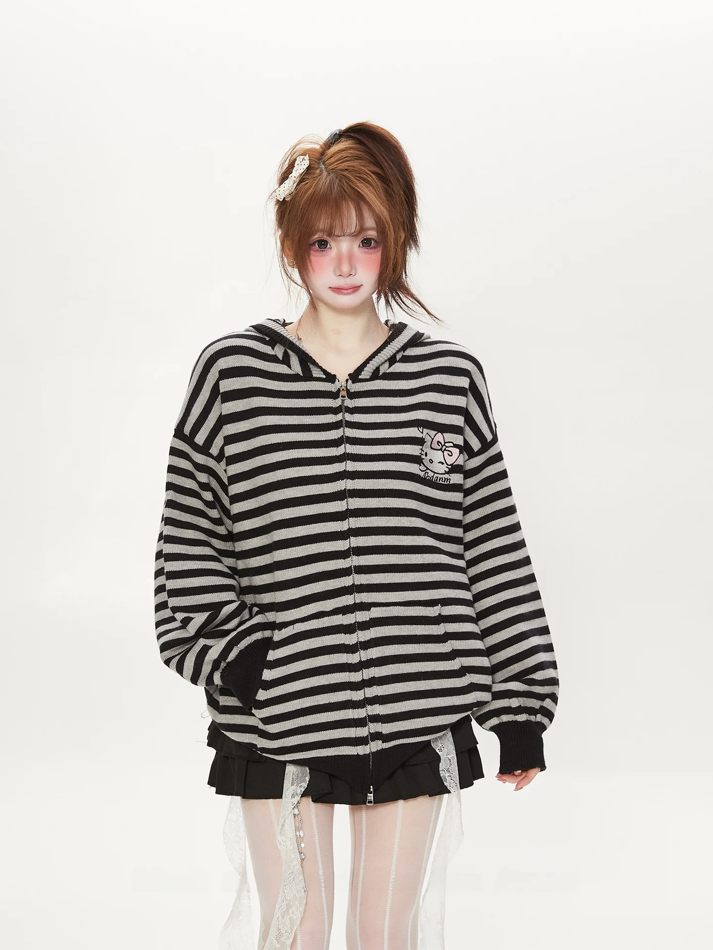 

Cute Rabbit Ear Hooded Knitted Zipper Jaet Women's Spring Autumn Loose Korean Sle Striped Sweater Coat Commute Sle