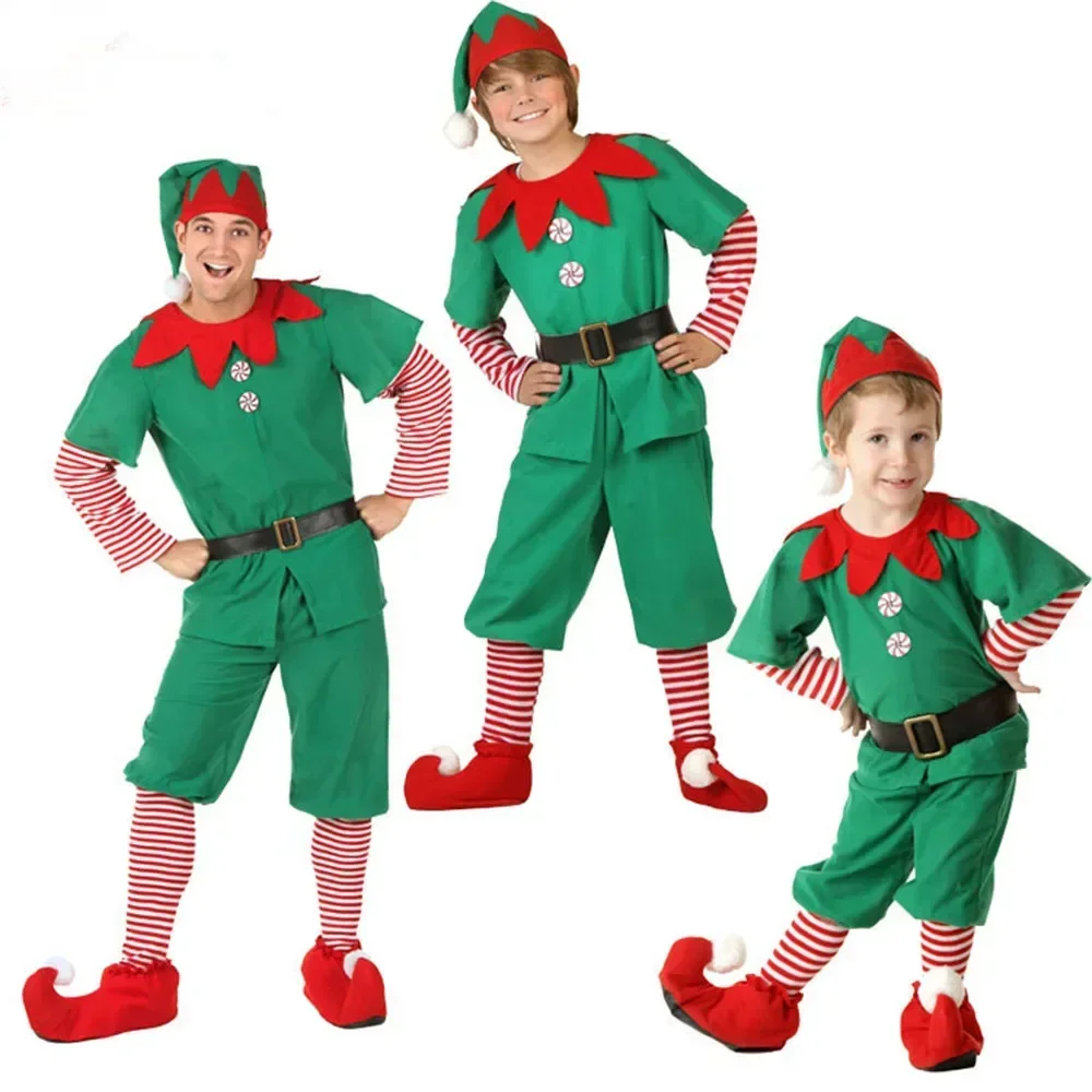 

Men Women Halloween Christmas Elf Costume Kids Adults Family Green Elves Cosplay Costumes Carnival Christmas Clothes Set