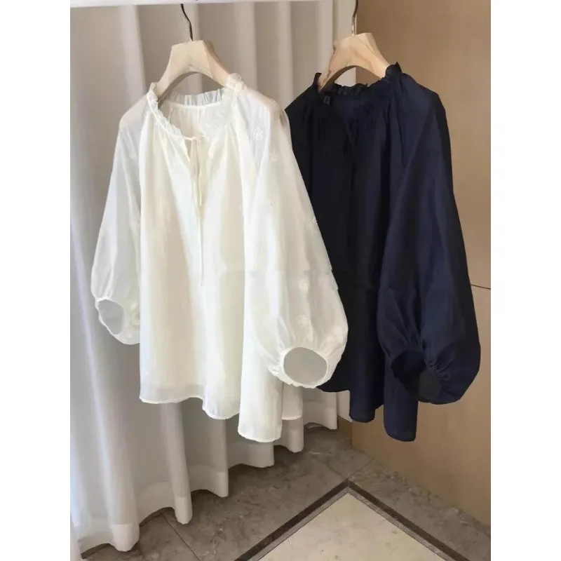 

Женская рубашка с рукавами-фонариками в стиле ретро, свободный универсальный и шикарный повседневный топ с длинными рукавами