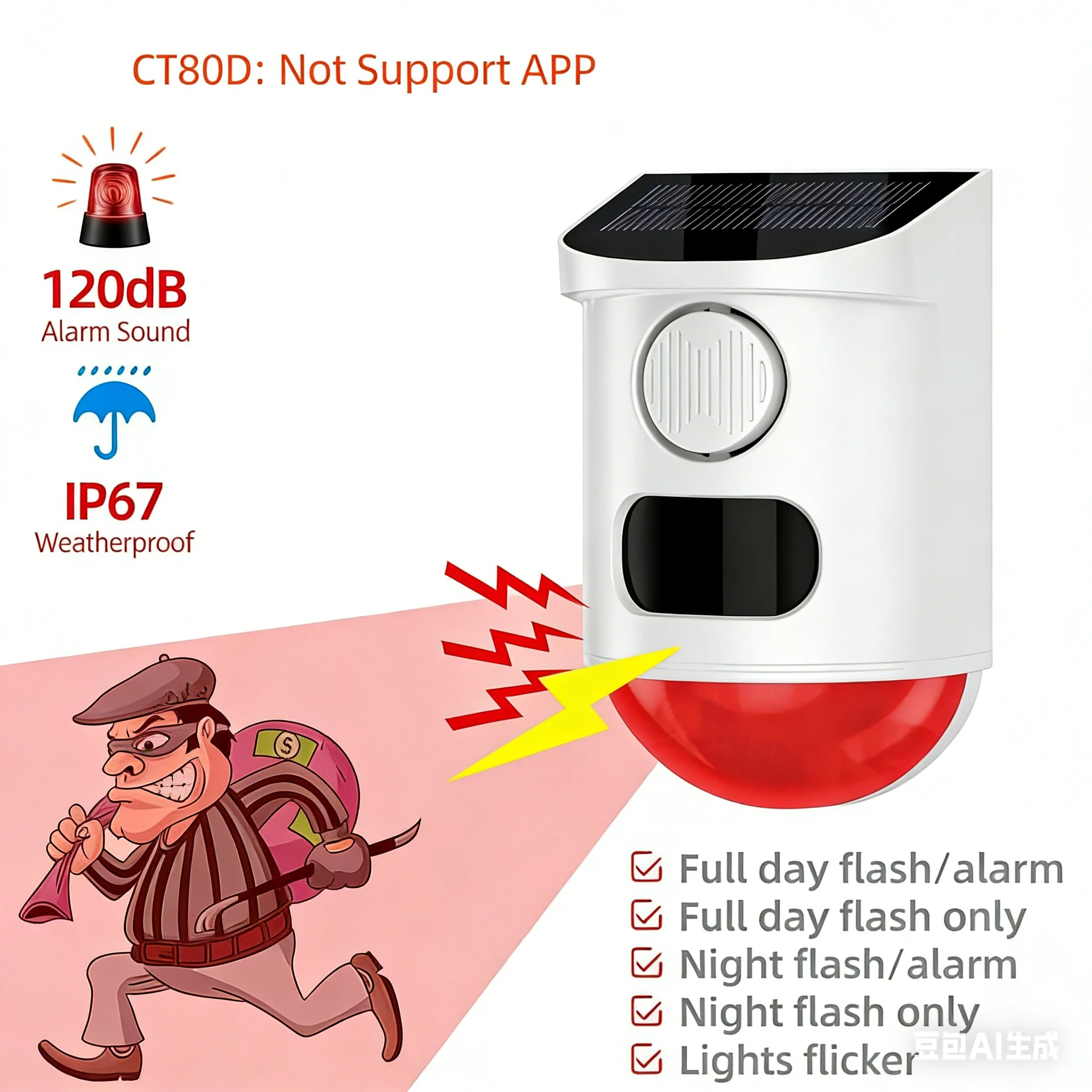 

Solar Strobe Alarm Light with Motion Sensor Siren Outdoor Alarm Siren with Remote Controller 120db Sound Security Siren Light