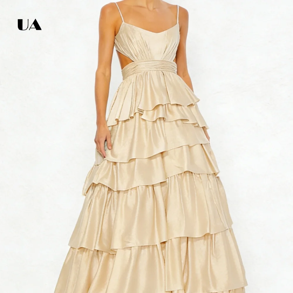 Vestido de baile ULBYANRY em cetim evasê com alças finas, vestido de noite com decote em V com babados em camadas, vestido de festa personalizado sem costas