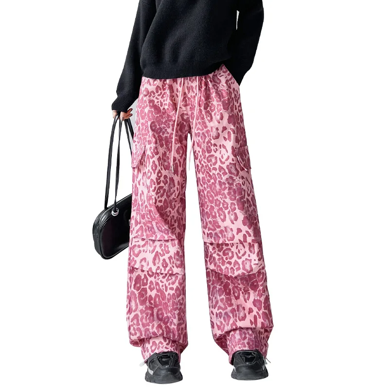 Fashion Leopard Print American Street High Waisted Casual Versatile Straight Leg Floor Length Pants for Autumn and Winter