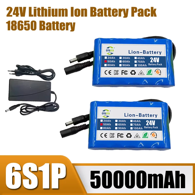 24V 50000mAh 6S1P rechargeable lithium-ion battery pack, replacement battery for CCTV camera monitor, with DC 25.2V 1A charger